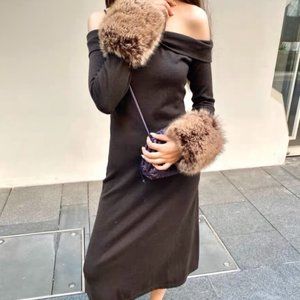 Faux Fur Cuff Wool Halterneck Off-Shoulder Chocolate Brown Dress SIZE S